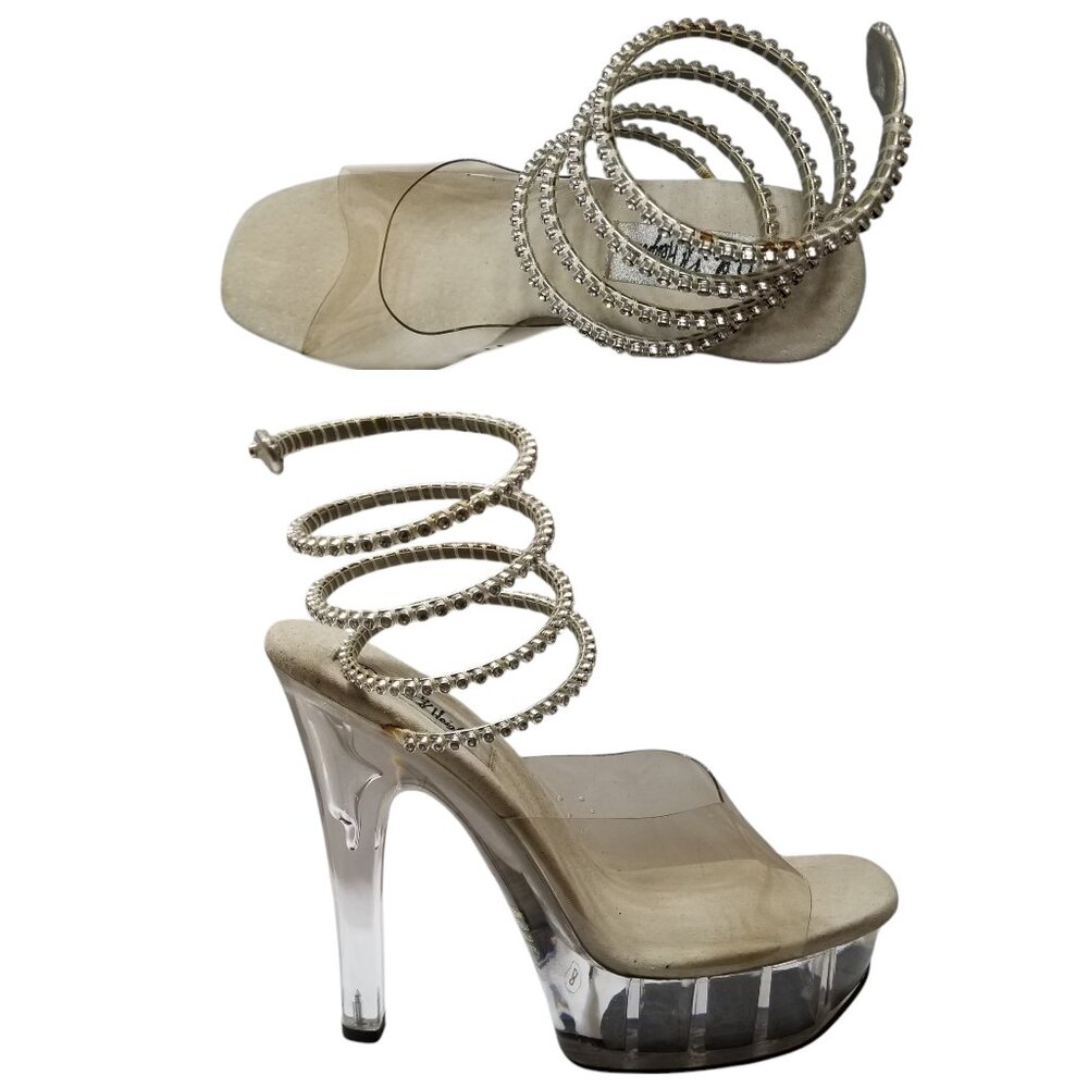 VTG DALLAS HEIGHTS Clear Rhinestone Spiral Wrap Platform Slip-On 6" Heels Sz 8